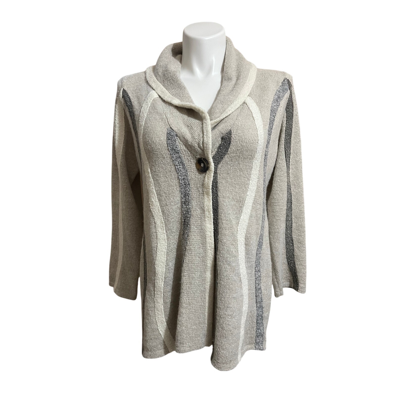 Curio Xl Wool Blend Cardigan - Oatmeal/Gray Chic Shawl Collar New With Tags